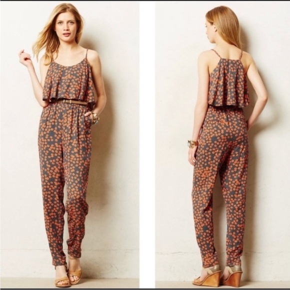 Anthropologie Pants - Anthropologie Lilka Curieuse Orange Gray Floral Pockets Pull On Jumpsuit Sz XSP